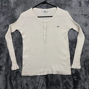 Lacoste Henley Top Womens 40 Cream Ribbed Long Sleeve Crocodile Logo
